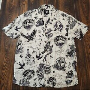 Ed Hardy Men's S Tattoo Skull Eagle Black White Short Sleeve Button Up Shirt